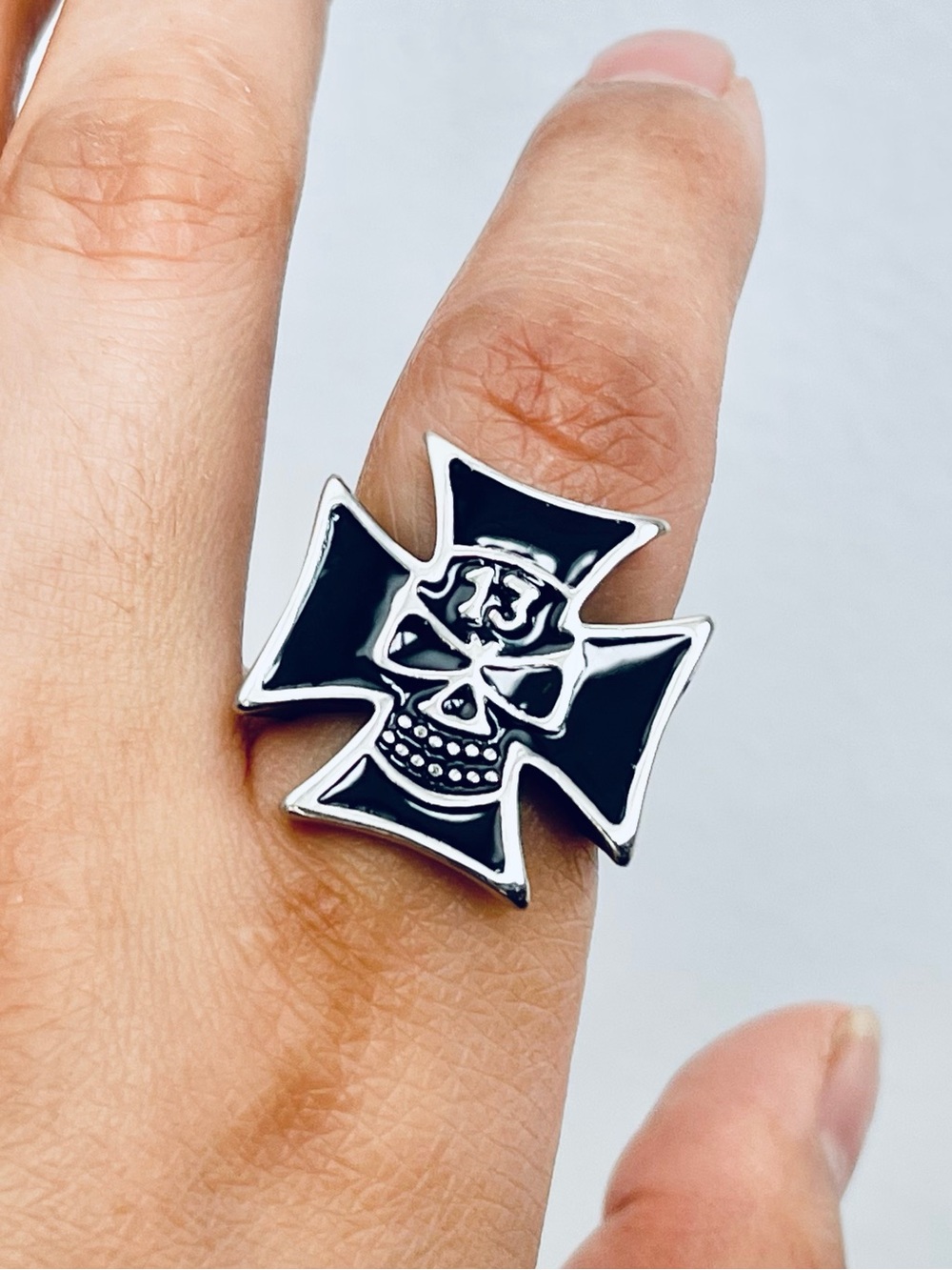 Black Enamel Cross Skull Ring - Men's Fashion Statement